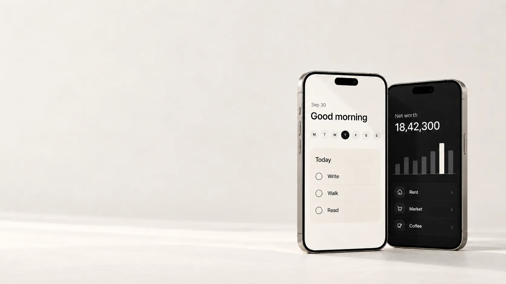 Two phones showing a journaling app and a personal finance app