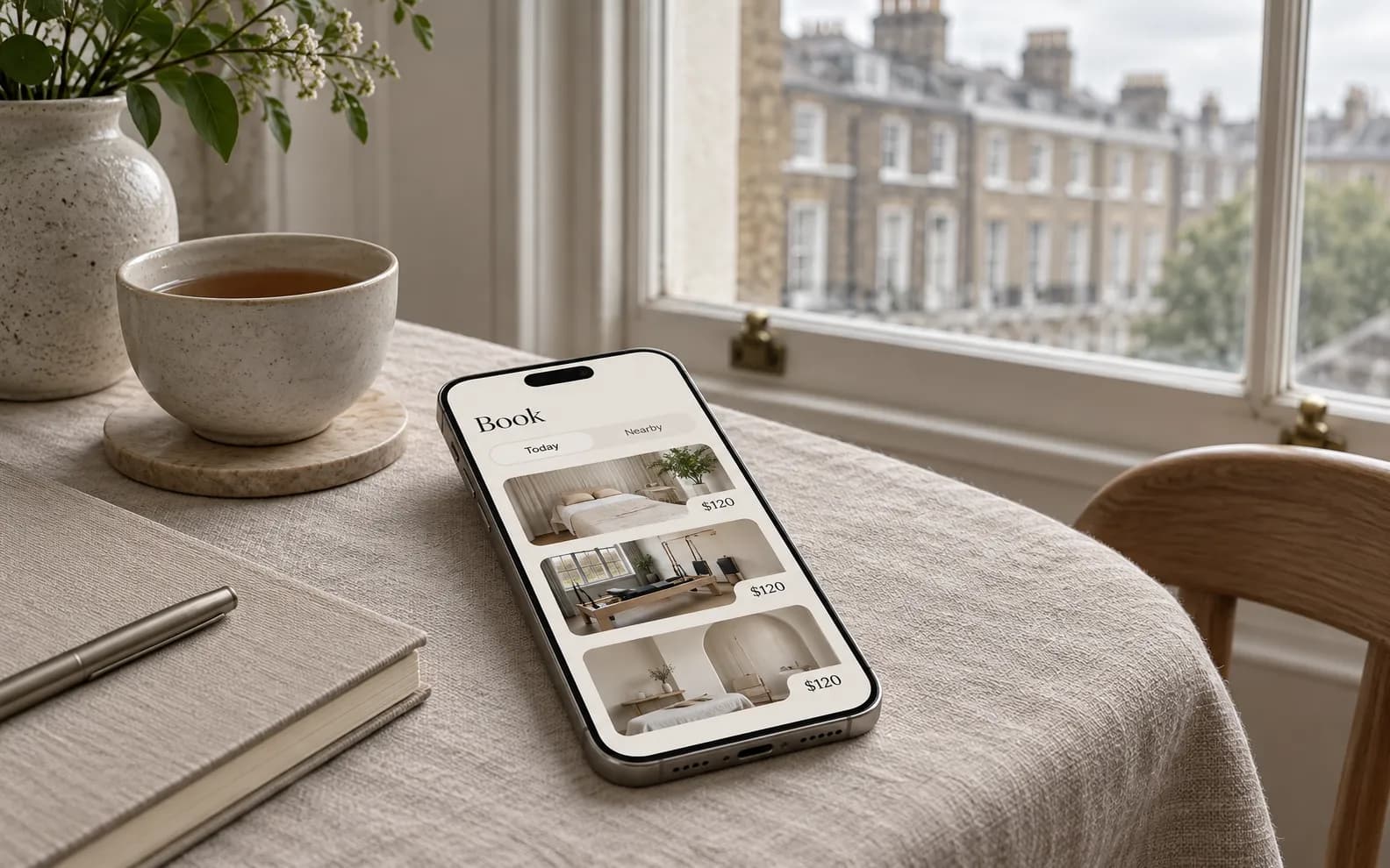 A phone with a booking app on a linen table in a London townhouse workspace